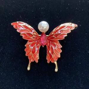 Butterfly brooch gold & pink enamel & rhinestone